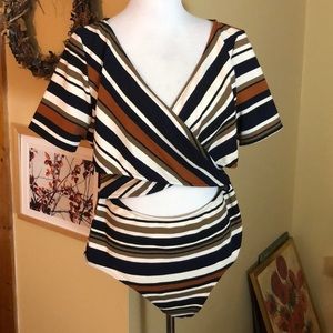 ASOPH Size 3X Peek-A-Boo Striped Wrap V-Neck Bodysuit Subdued Colors $48 NEW